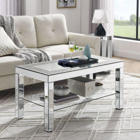 W 40 "X D 20" X H 20 "Curved border carved mirror coffee table: Silver mirror glass tabletop with sparkling diamond edge frame and crystal mirror