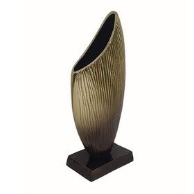 15 Inch Decorative Vase, Aluminum, Vertical Ribbing, Gold and Jet Black
