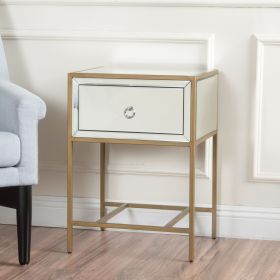 White Mirrored Nightstand with 1 Drawer, Small End Side Table with Storage, Modern Bedside Bed Table with Metal Frame for Small Space