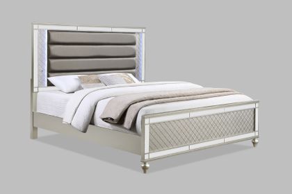 Modern Glam Style Champagne Finish Queen Size Panel Bed White & Blue LED Light Mirror Accents Faux Leather Upholstery Solid Wood Wooden Bedroom F
